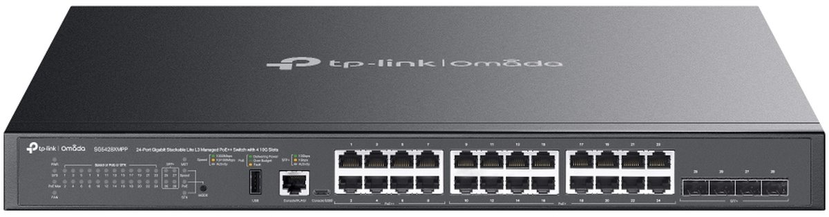 TP-Link SG5428XMPP - Omada 24-port Gigabit stackable lite L3 managed PoE++ switch with 4× 10G SFP+ slots